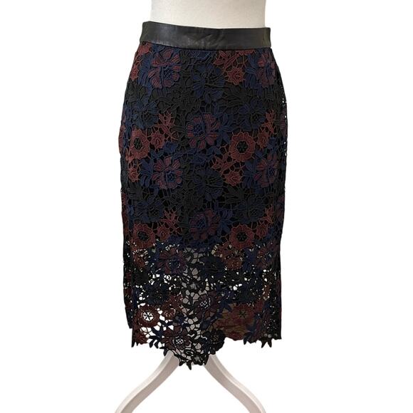 Topshop Dresses & Skirts - Topshop lace pencil midi skirt. Black blue burgundy. Faux leather waist. Sz 4P